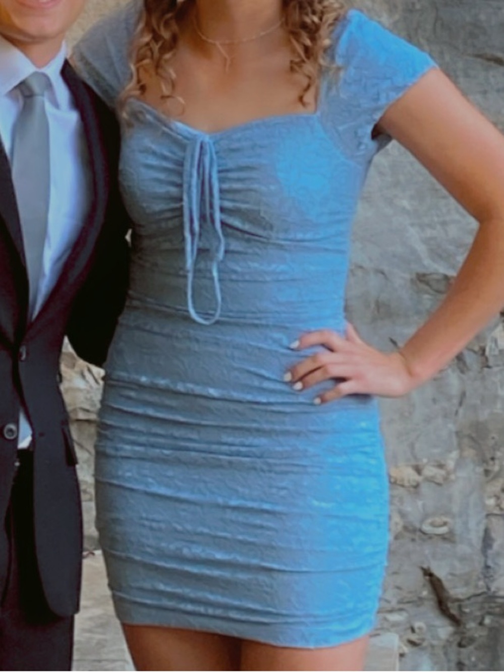 Dusty Blue Lace Ruched Mini Dress with Tie Front